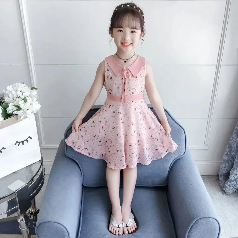 

2022 New Girls Summer Dress Chiffon Princess Dresses Medium Large Children's Fashionable Floral Trend Cool Breathable Dress Kids