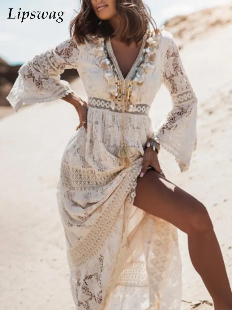 

Женское длинное пляжное платье с расклешенными рукавами, Привлекательное платье с V-образным вырезом, вязаное кружево, цветочное праздничн...