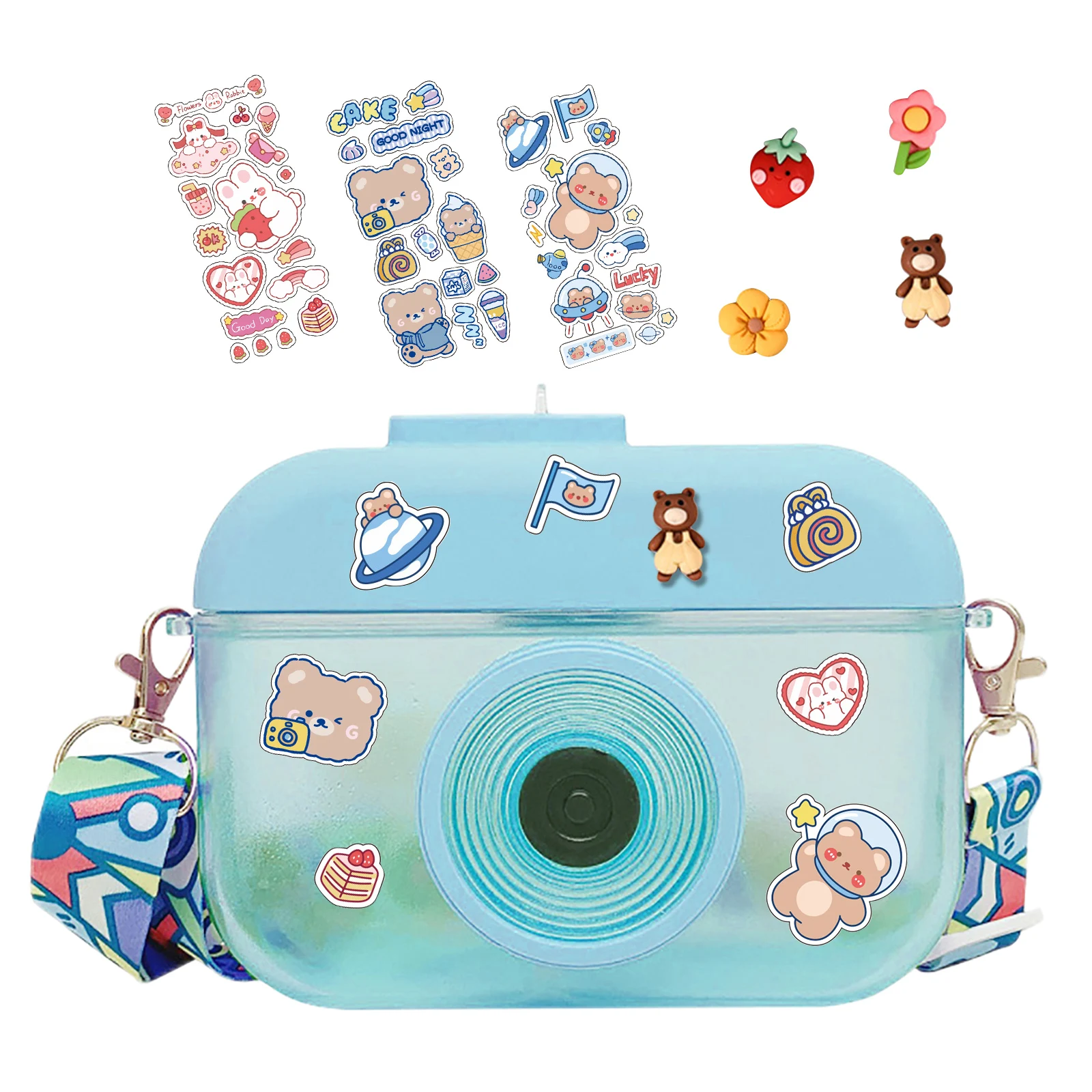 

400ml Children Kawaii Water Bottle for Girls Creative Camera Drinking Bottle with Straw Stickers Boy Outdoor Indoor Drinking Cup