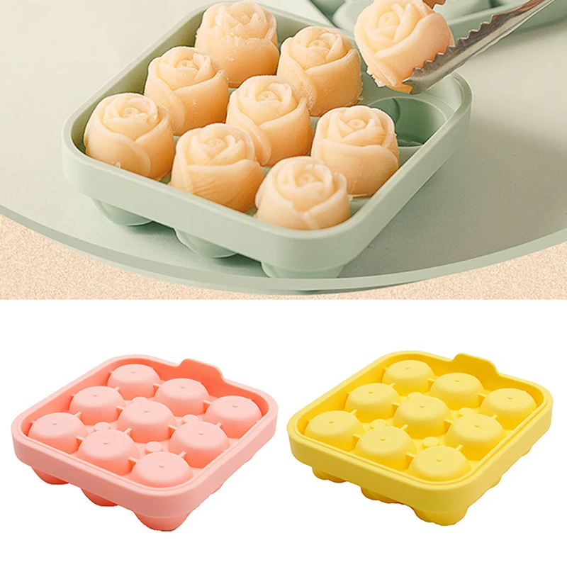 

Silicone Molds for Ice Cube with Lid 9 Holes Rose Flower Shape Reusable Ice Cube Tray Ice Cream Maker Tool Kitchen Accessories