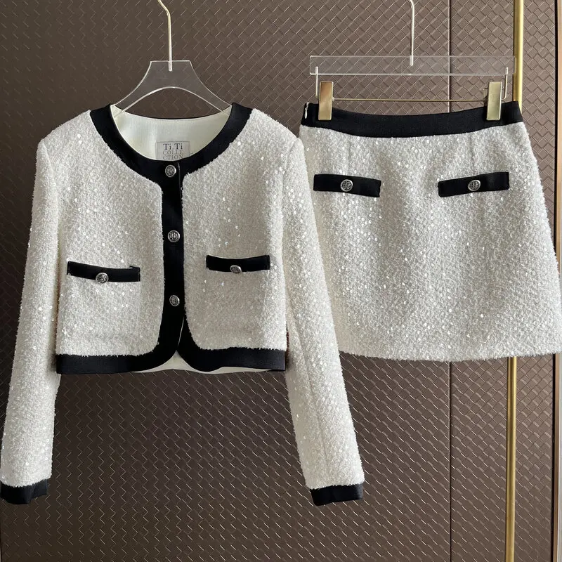 

Autumn New Casual Elegant Dress Set Women Casual Y2k Mini Skirt Sequin Party Club Slim Sexy 2 Piece Set Fashion Suits Korean