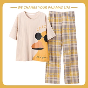 Spring Summer Cotton Cartoon Elegant Women's Sleep Lounge Pajamas Short Sleeved Female Pajama Set Py in Pakistan