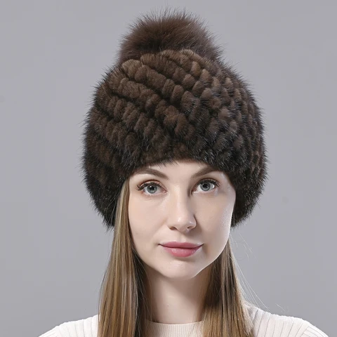 Вязаная шапка из норки 2023, зимние женские шапки с помпоном из натурального меха, полосатая эластичная теплая плотная стильная женская уличная шапка