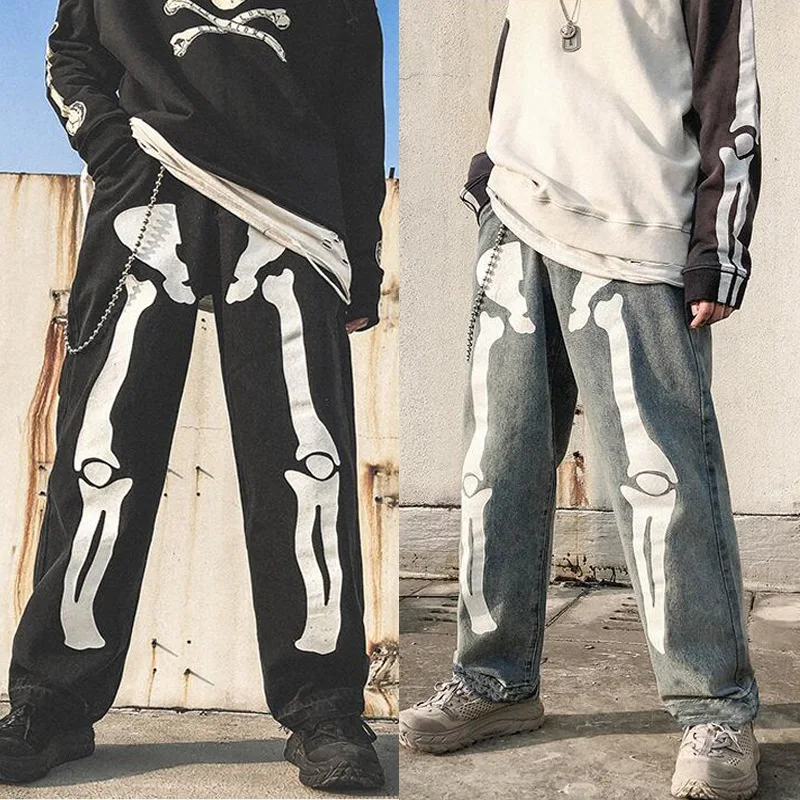 Sweatpants Skeleton Men Denim Jeans Fashion Casual Joggers Streetwear Hip Hop Punk Gothic Y2k Pants Cargo Pant Man Streetwear