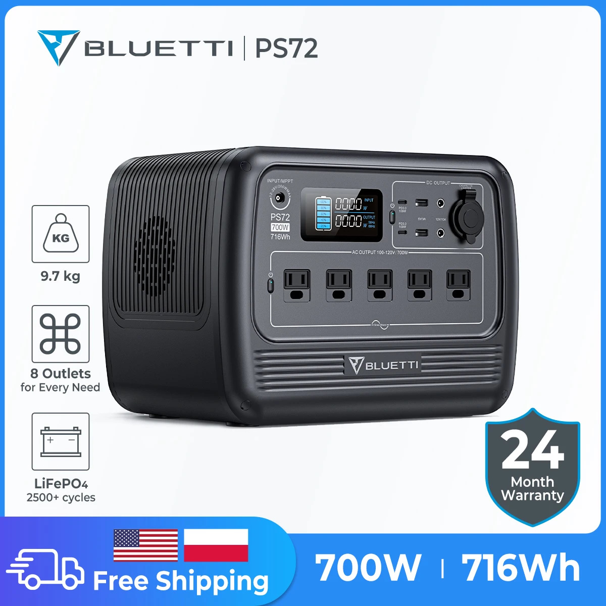 

BLUETTI PS72 700W 716Wh Portable Power Station LiFePO4 Solar Generator For Camping RV Trip 2000+Cycles For Car Refrigerator TV
