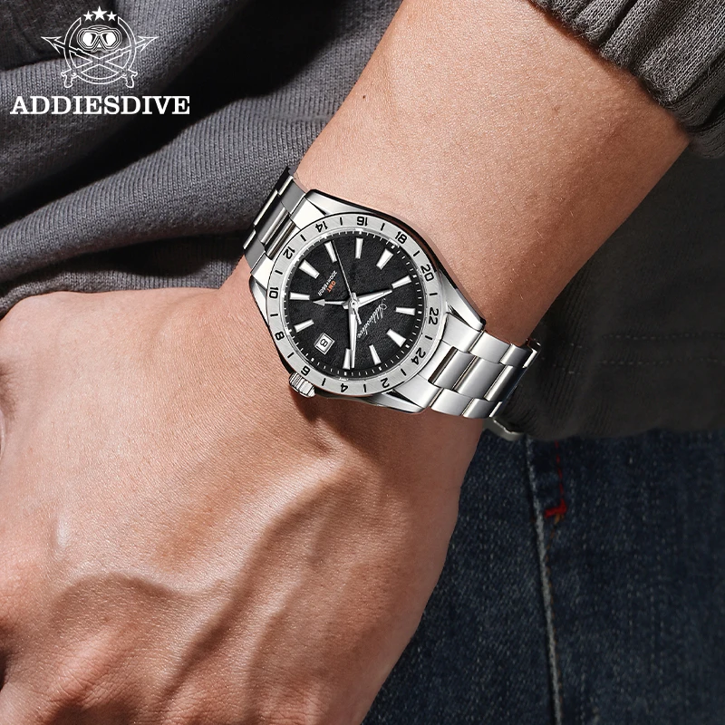 Фото Мужские часы ADDIESDIVE GMT AD2548 из нержавеющей стали, швейцарские кварцевые часы Ronda 515-24H с сапфировым стеклом, BGW9, светящиеся, водонепроницаемые до 200 м №4