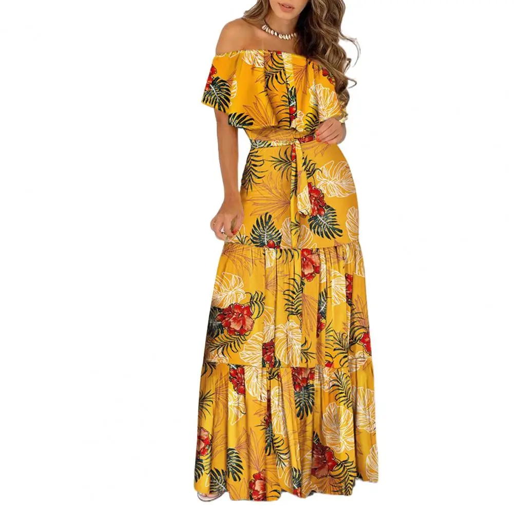 

robe femme été Bandeau Ruffle Trim Stitching Large Hem Long Dress Sexy Off Shoulder Leopard Print Long Dress Ladies Maxi Dress
