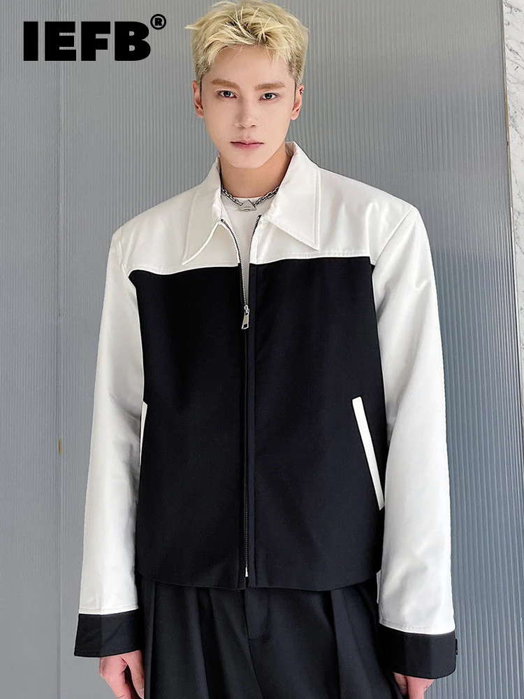 

IEFB Menswear Stitching Zipper Jacket Turn-down Collar Long Sleeve Pocket Temperament Casual Coat 2022 Spring New 9A1830