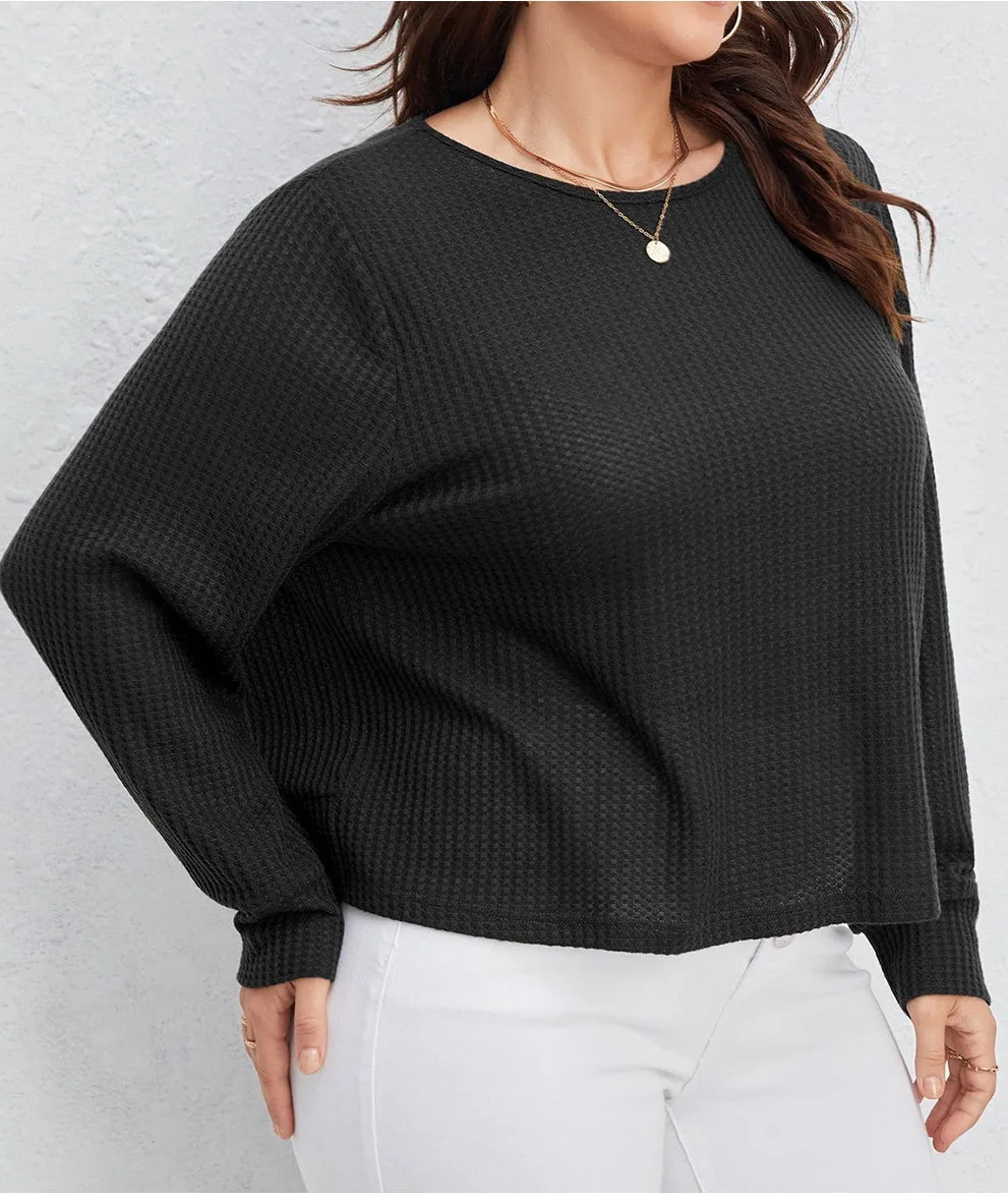 

Plain blouse with round neck and long sleeves over size women's clothing