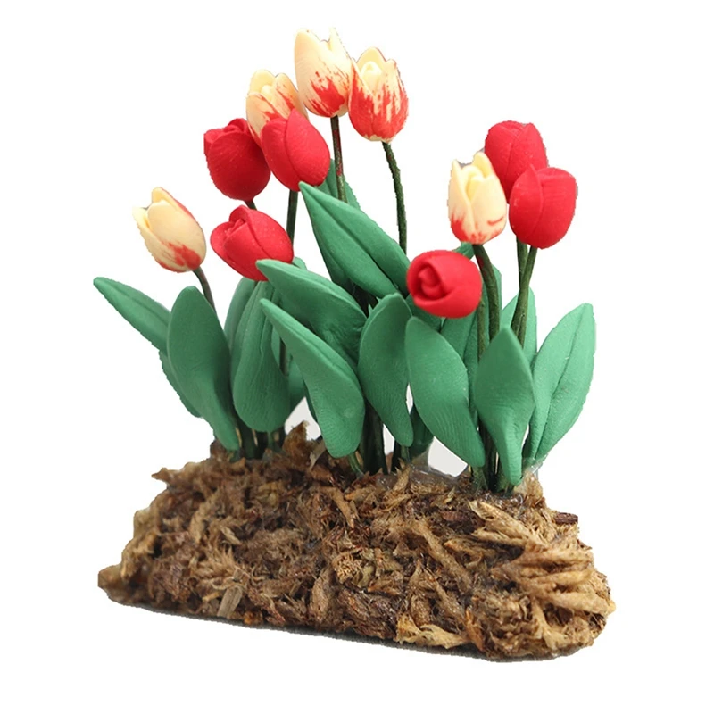 

1:12 Dollhouse Miniature Garden Ornament Tulips Green Plant Flower Garden Dollhouse Decoration
