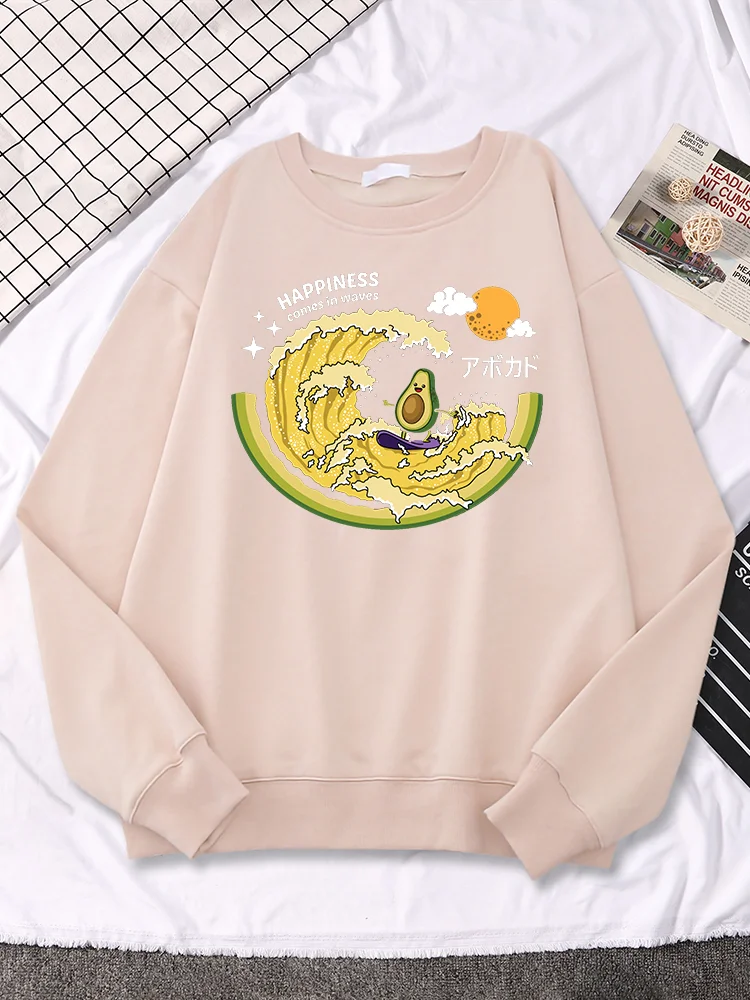 

Happiness Comes In Waves Surf Avocado Print Men Sweatshirt Creativity Fleece Pullover Loose Autumn Warm Hoodies Men Long Sleeves