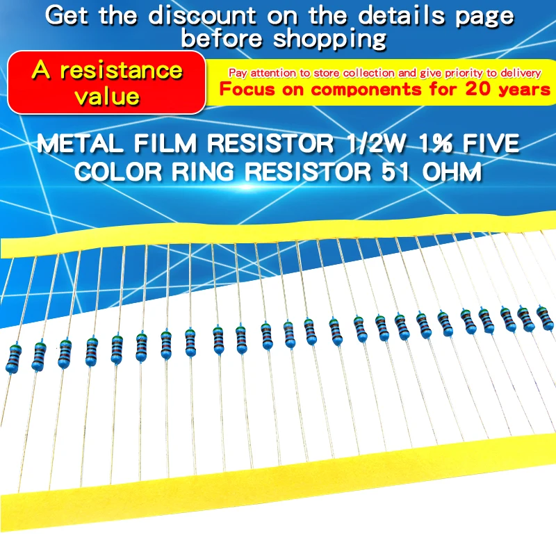

50pcs 1% Metal Film Resistor 1/2W 1% 1Ω~4.7MΩ 0.5W 4.7 10 47 100 200 470 910 1K 4.7K 10K 22K 100K 220K 470K 910K 1M 2.2M ohm