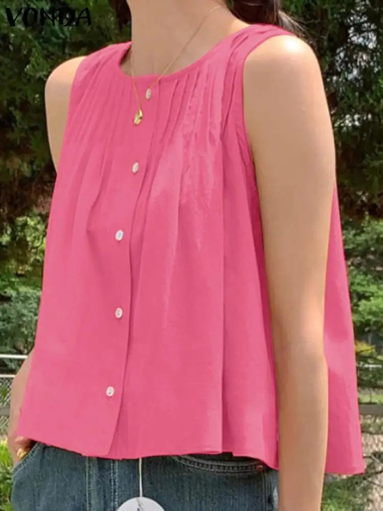 

VONDA Fashion Women Shirts 2023 Summer Sleeveless Elegant Blouse Pleated Casual Tunic Tops Loose Solid Color Blusas Femininas