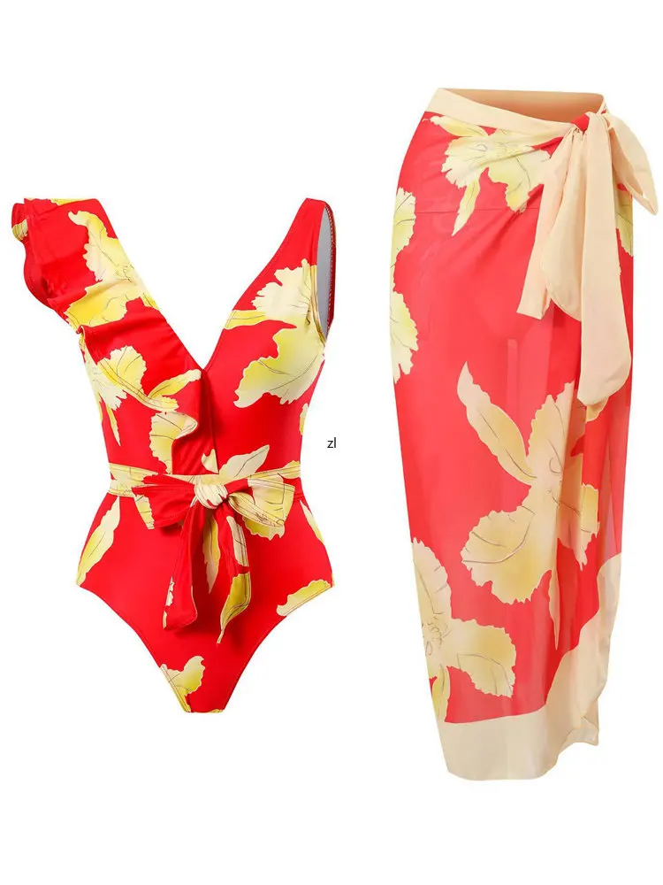 Swimwear Bodysuit Bikini Sets Women Bodysuit And Skirt Bathing Suit Fashion New Print Patchwork Beach Holiday Cover Ups Outfits
