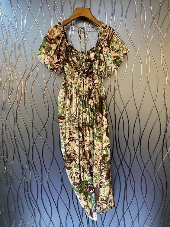 

2022 new women fashion back neckline tie knot print colorblock waist slanted short-sleeved dress 415