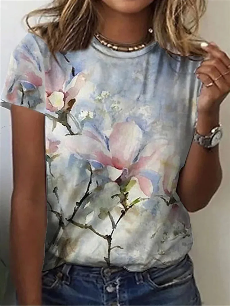 

Summer Women's Huamang Printing Short Sleeve Round Neck T-shirt Woman Female Fashion Casual Top Lady Shirt Clothing