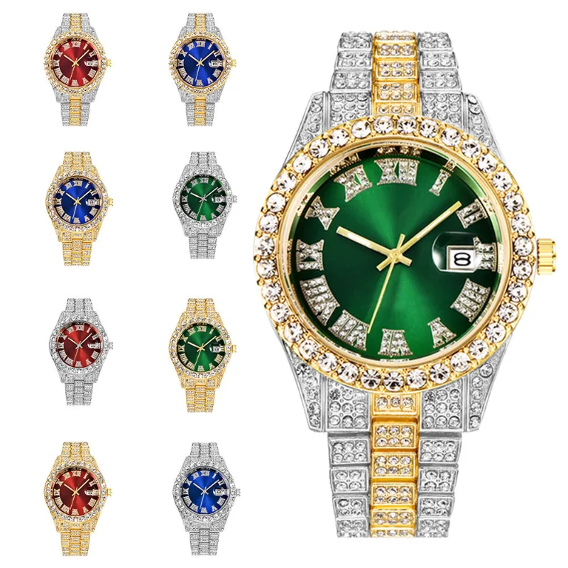 The New Red and Green Water Ghost Big Rhinestone Inlay Men's Watch Roman Scale Calendar Watches Quartz Watches Full of Diamonds