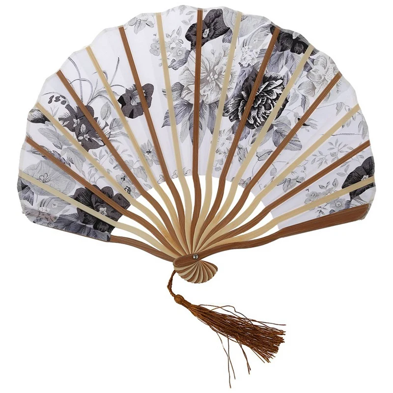 

3X Chinese Gray Peony Blossom Fabric Bamboo Folding Dancing Hand Fan White