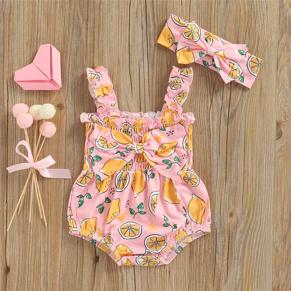 

Baby Girl Fruit Flamingo Print Bodysuits Bow Ruffle Shirred Romper Headband 3-18M Newborn Infant Toddler Summer Casual Jumpsuit