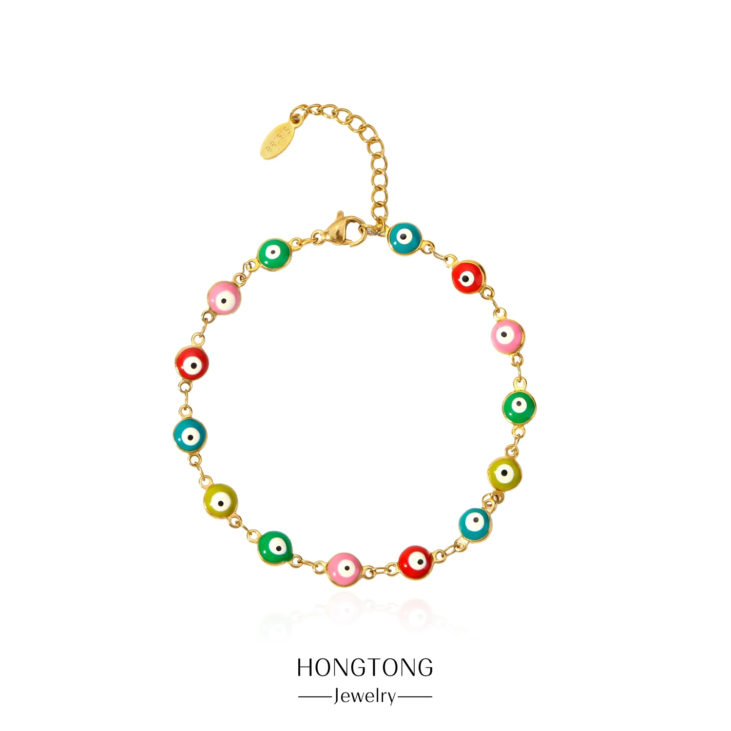 

HONGTONG Stainless Steel Evil Eye Bracelet Women Drop Oil Turkish Contrast Color Beaded Chain Bohemian Color Vintage Anklet
