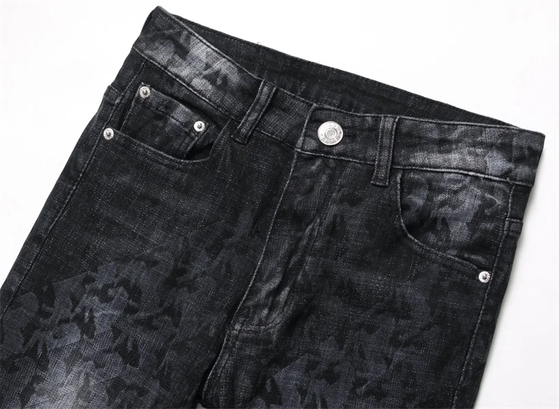 Men's Colorful Graffiti Printed Jeans Y2K Colorful Slim Fit Tapered Elastic Casual Pants Fashion Street Clothing Small Foot Pant