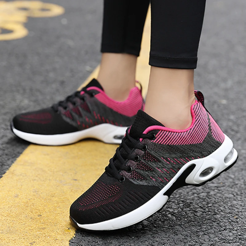 Women Sports Shoes Air Cushion Decompression Outdoor Hiking Shoes Wear-resistant Lace-Up Athletic Shoes Flat Casual Dance Shoes