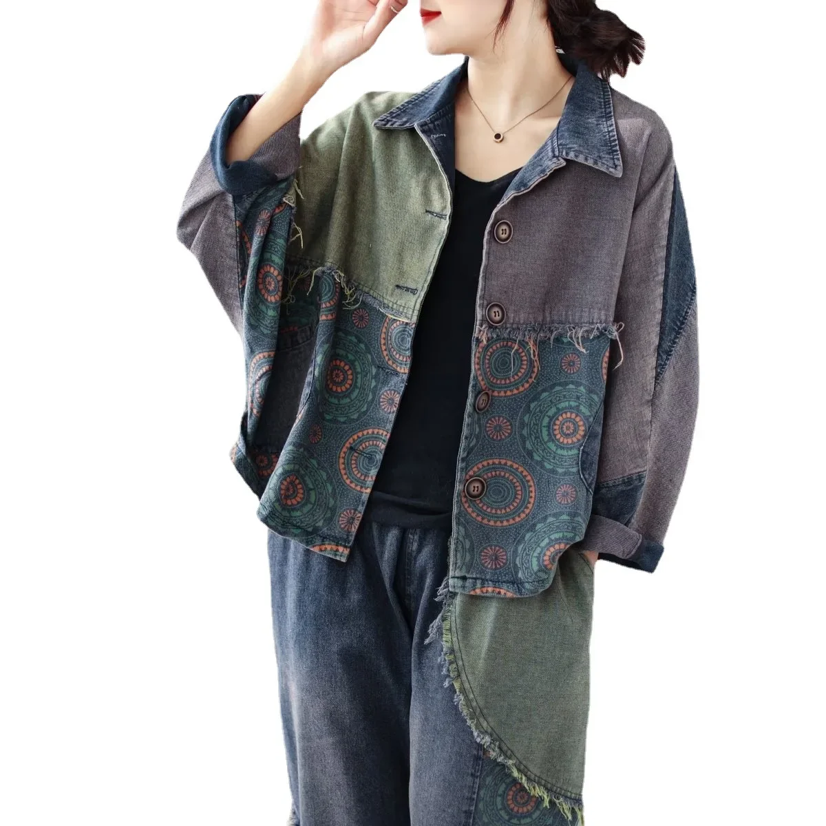 2024 весенние джинсовые пальто женские ретро-принты цветные сращенные