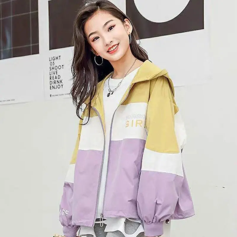 

Girls Autumn Windbreaker Spring Child Korean Version Loose Hooded Splicing Jacket Student 9 10 11 12 Years Old Coats 8 Outerwear