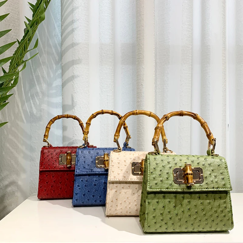 

2022 New Hard Bamboo Handbag Fashion Lock Small Square Women Handbag Ostrich Pattern Dot Shoulder Bag Diagonal Female Clutches