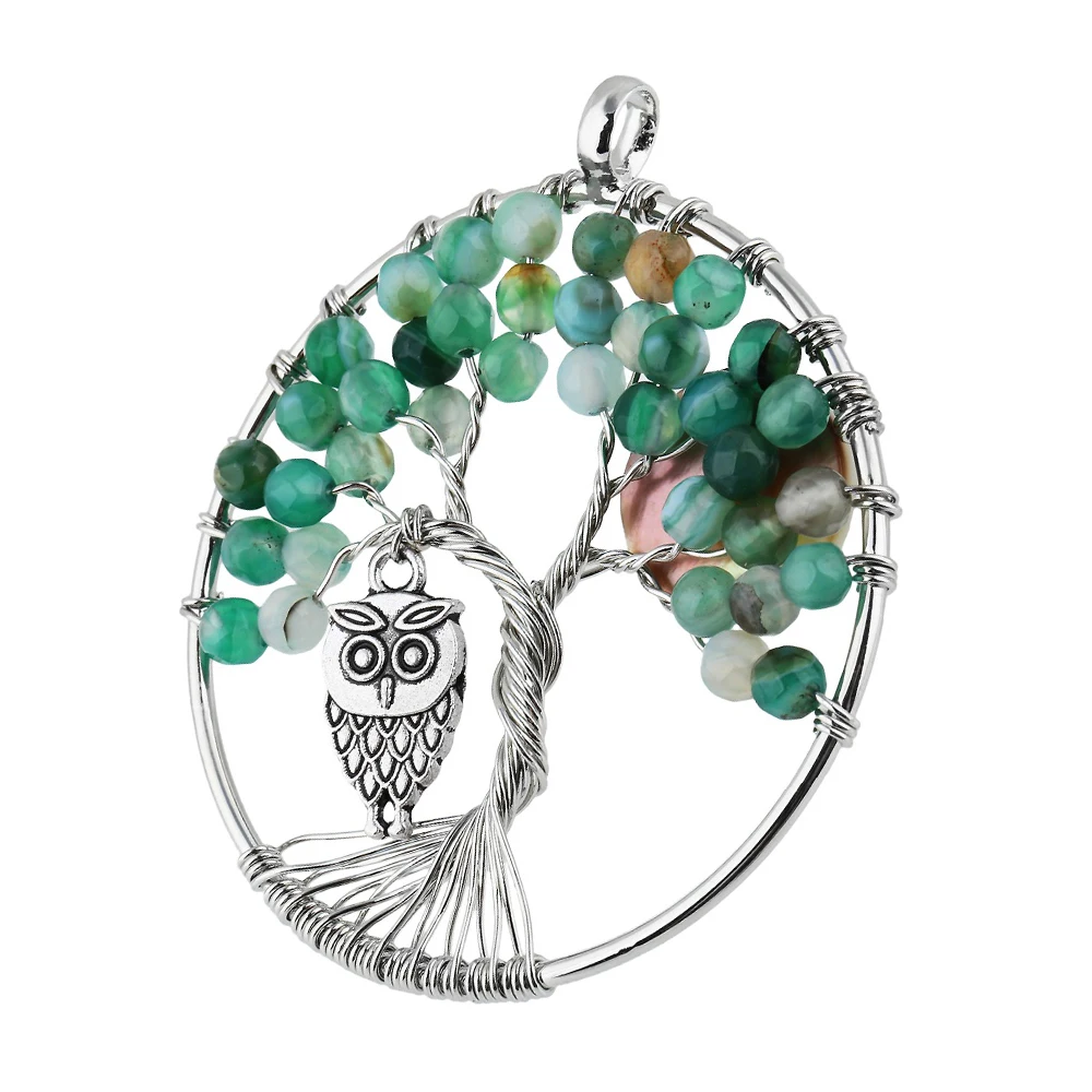 

SUNYIK 18KGP Tree Of Life Pendant Green Agate Stone Round Beads As leaf Owl Hung Under Abalone Shell Full Moon Poetry Jewelry