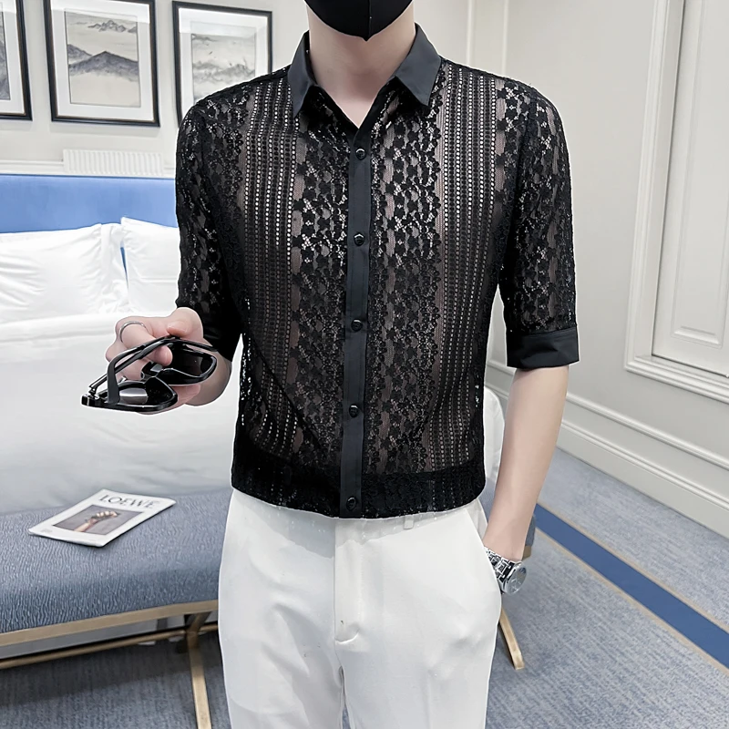 

2022 Spring Lace Hollow Men's Shirt Half Sleeve Slim Fit Casual Shirt Social Party Tuxedo Blouse Nightclub Stage Singer Clothing