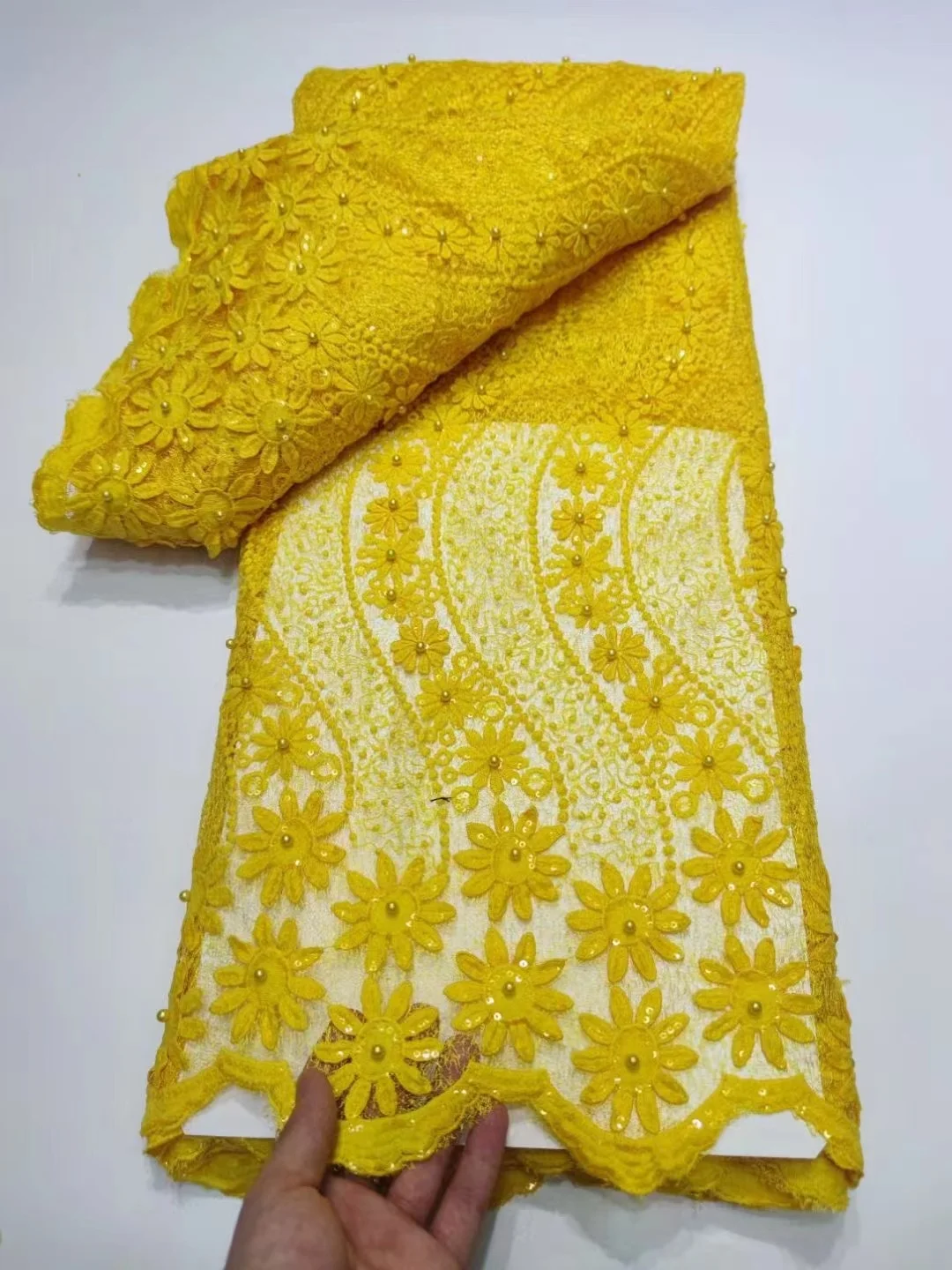 Yellow  African lace fabric 2022 high quality Guipure lace fabric Latest French Cord lace fabric with Stones for Wedding 5 Yards