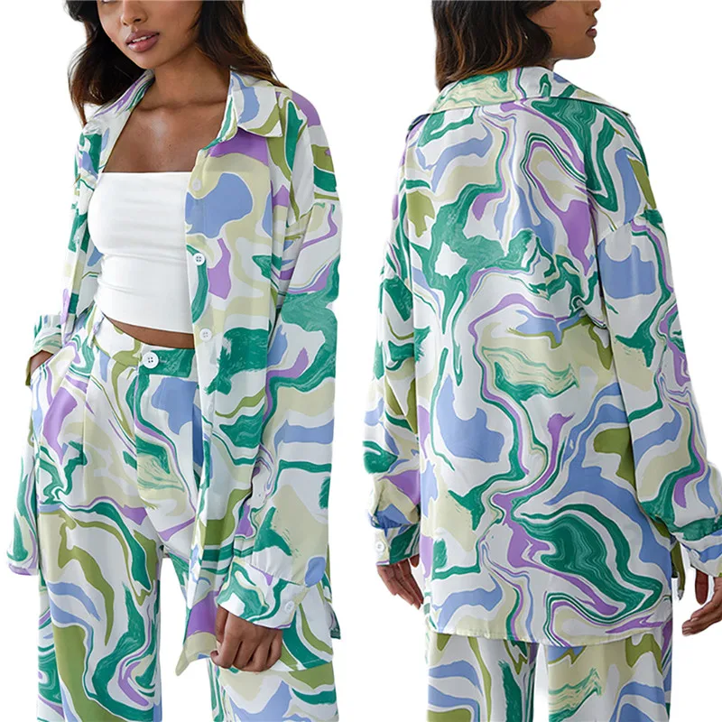 

Женский Брючный комплект из 2 предметов, рубашка с длинным рукавом и отложным воротником с абстрактным принтом + брюки с широкими штанинами ...