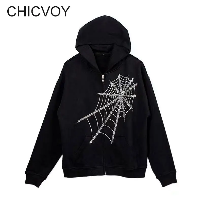 

CHICVOY Jacket Y2K Retro Rhinestone Sketelon Skulls Harajuku Pullover Oversized Zip Up Hoodie Unisex Pullover Sweatshirts Gothic