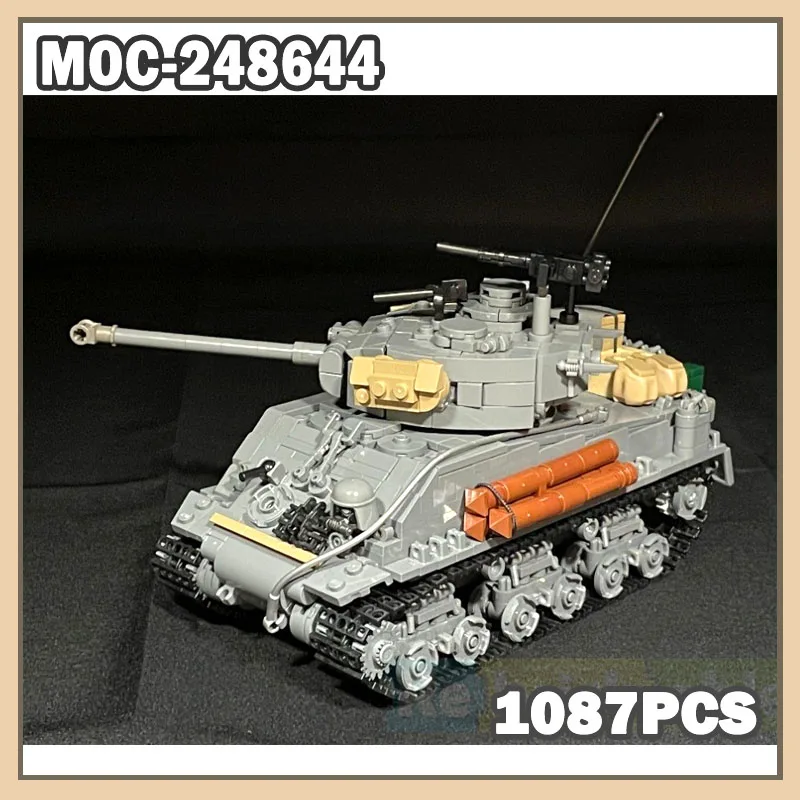 Фото Конструктор MOC-248644: Танк Sherman M4A3E8, модель военного танка MOC, креативный подарок, набор строительных блоков, 1087 деталей №1
