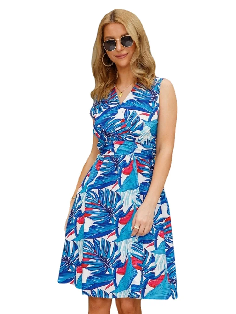 

Женское платье-чехол без рукавов, шикарное платье-трапеция до колен с принтом, V-образным вырезом и расклешенным подолом, лето 2022