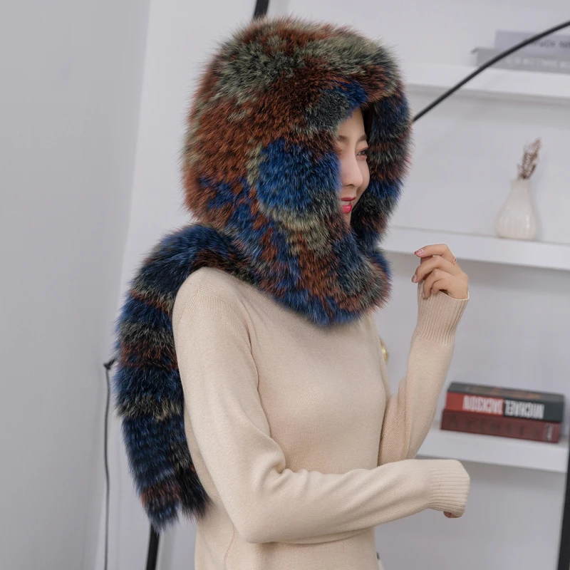 Fox Fur Snow Cap Winter Women's Outdoor Warm Luxury Fur Knitted Scarf Hat Fluffy