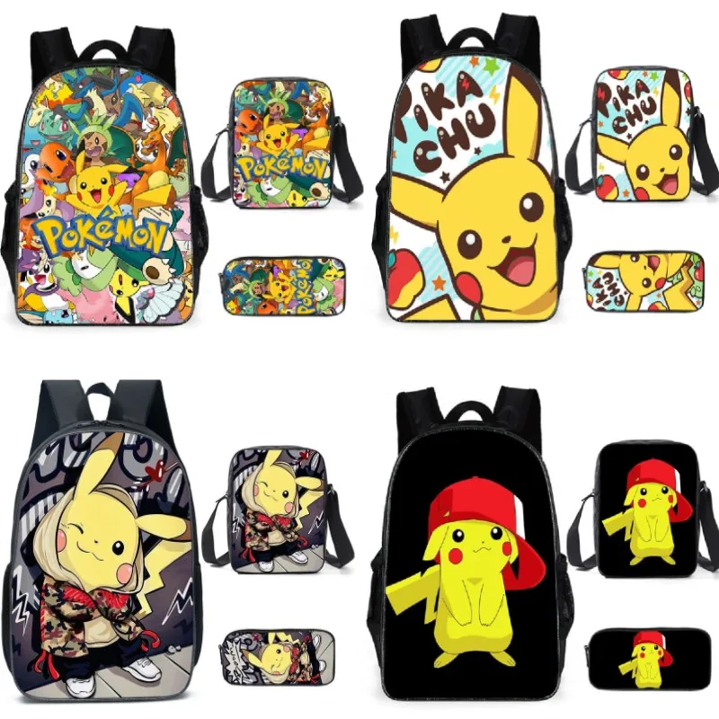 

3PC-SET Anime Pikachu Backpack Primary and Middle School Students Schoolbag Boys Girls Anime Cartoon School Bag Mochila