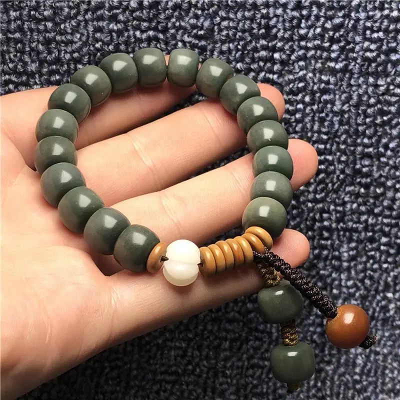 White Jade Bodhi Root Buddha Beads Bracelet Handheld Old Barrel Beads Gray Jade Yin Leather Green Bodhi Bracelet Beads