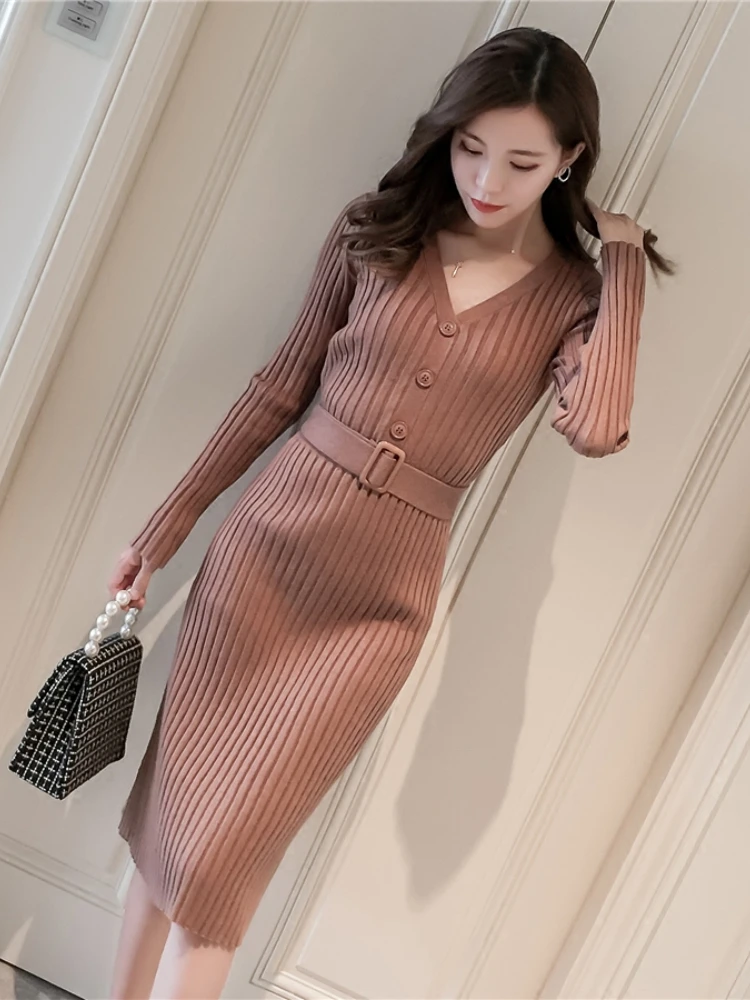 

Sweater Dress Female Autumn and Winter New Korean Version of The Fashion Long Paragraph Sexy Package Hip Knit Dress with Belt
