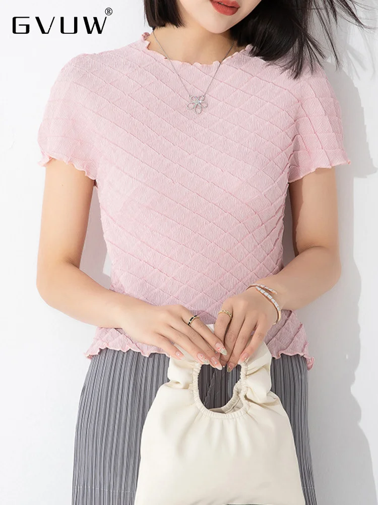 

GVUW 2023 Summer New Pleated T-shirts For Women Round Neck Short Sleeve Female Casual Elegant Solid Color Plaid Clothing 17G1783