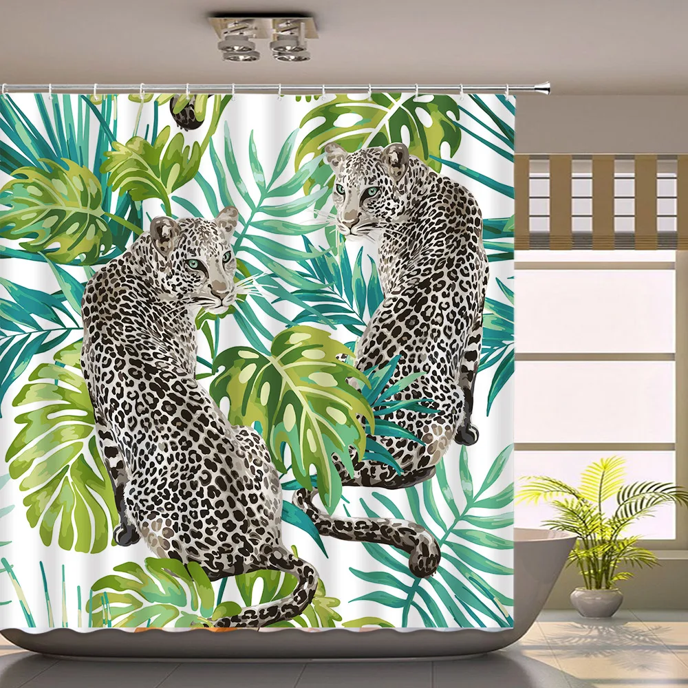 

Леопардовая занавеска для душа с листьями зеленой ладони