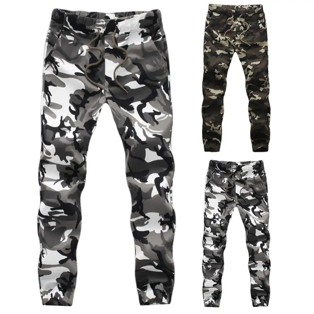 

Skinny Pants Long Men Sporty Camouflage Color Pockets Waist Drawstring Cargo