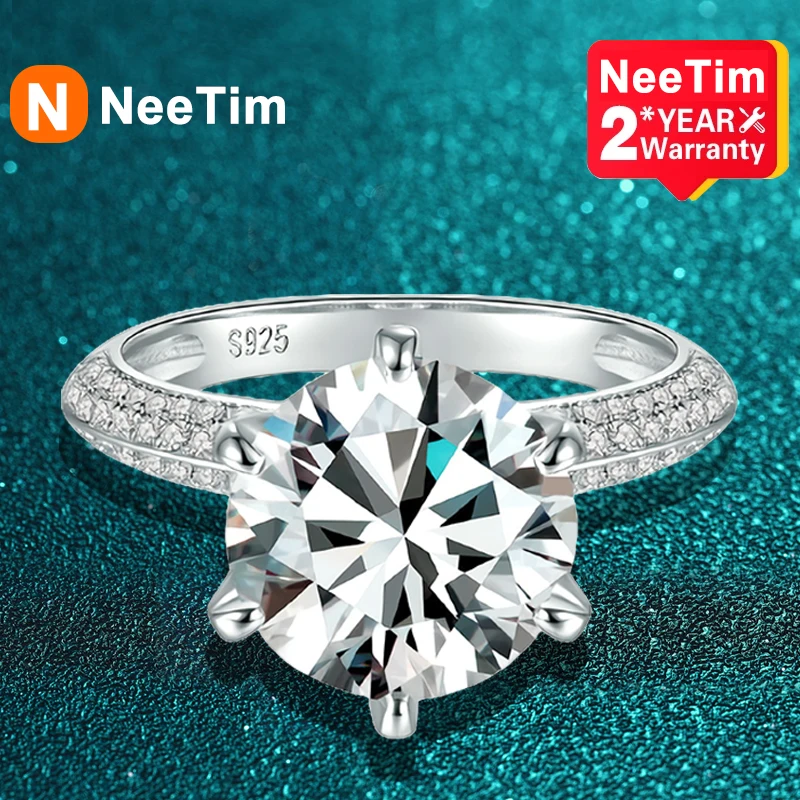 

NeeTim 5 Carat Moissanite Wedding Rings For Women 925 Sterling Silver Eternity 18K White Gold Plated Band Engagement Jewelry