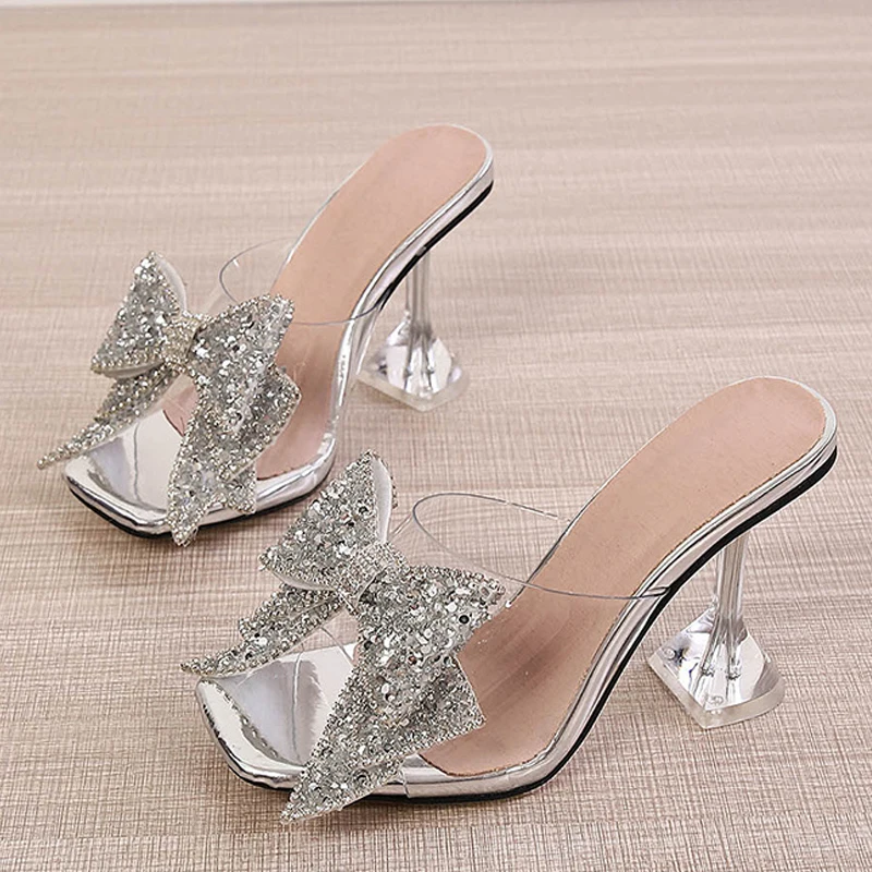 

Comem Fashion Silver Crystal Bowknot High Heels Female Mules Slides Summer Sandals Shoes 2023 New Transparent Slippers for Women