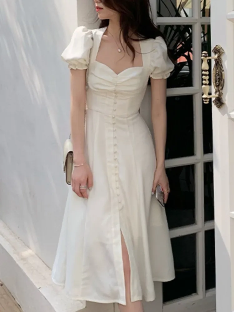 

Summer 2022 French Women Elegant Party Midi Dress Female Fashion Slim Vintage Lady One Piece Prom Clothes Vestidos