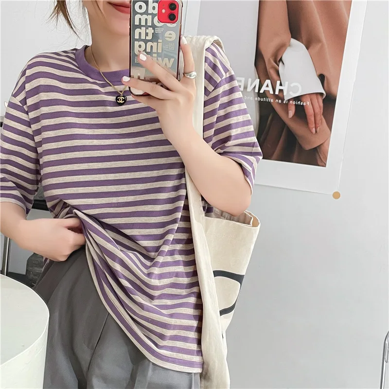 

Футболка женская с круглым вырезом, коротким рукавом и контрастными полосками в западном стиле, весна-лето 2022