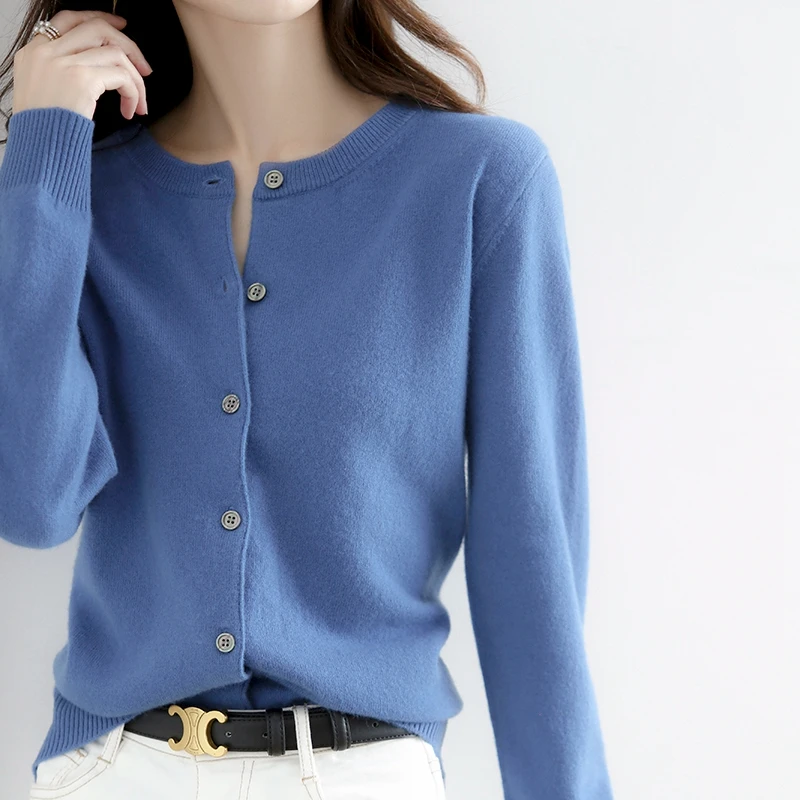 Осень 2024 новый шерстяной женский кардиган. Куртка с круглым вырезом однотонный