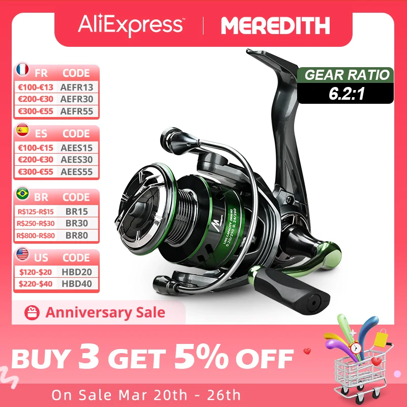 MEREDITH VIRGO Series Stainless Steel Bearing  Spinning Fishing Reel 14KG Max Washer Drag  7+1BBs 6.2:1 High Speed Ratio