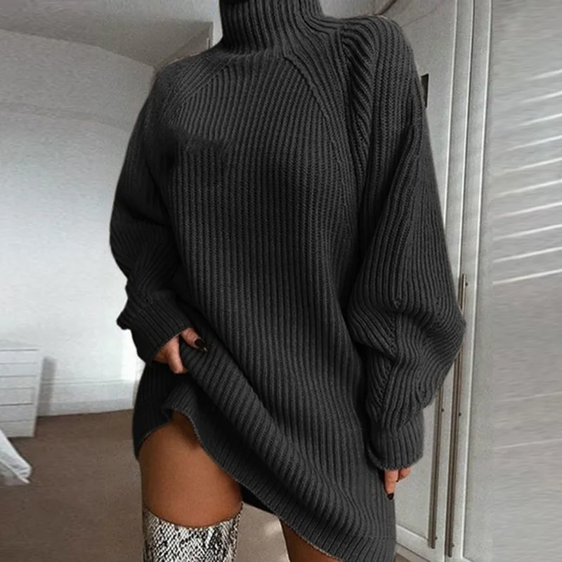 Women Turtleneck Oversized Knitted Dress Autumn Solid Long Sleeve Casual Elegant Mini Sweater Dress Winter Clothes